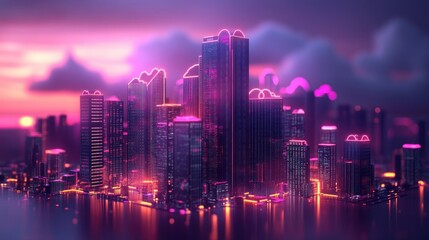 Futuristic city skyline at dusk, vibrant neon glow