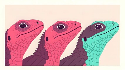 Fototapeta premium Pet Character Lineup concept Colorful illustration of three stylized lizards in vibrant hues looking sideways.