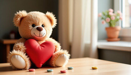 Smiling teddy bear holding red heart on wooden table