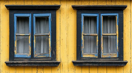 Two blue-trimmed windows on a bright yellow, textured wooden wall