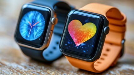 Two smartwatches display different colorful face designs on light-colored wood