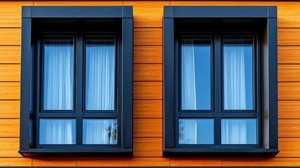 Fototapeta premium Two windows on modern orange wall with blue sky reflections