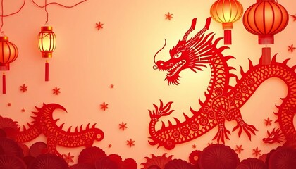 Intricate red & gold paper-cut dragons & floating lanterns, soft glow, empty space, texture,  celebration