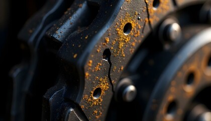 Rust-covered car brake disc in extreme close-up, revealing surface oxidation and rugged metal structure