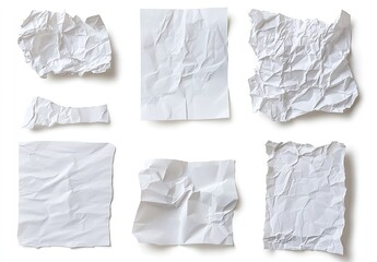 Collection of crumpled white paper pieces isolated on white background.