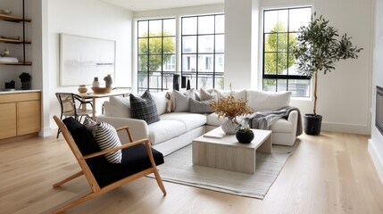 Fototapeta premium Modern Scandinavian living room with light wood floors, white walls, and minimalist furniture