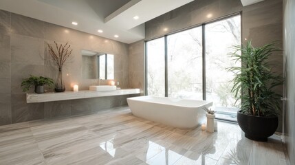 Modern spa bathroom with oversized tile and floating tub