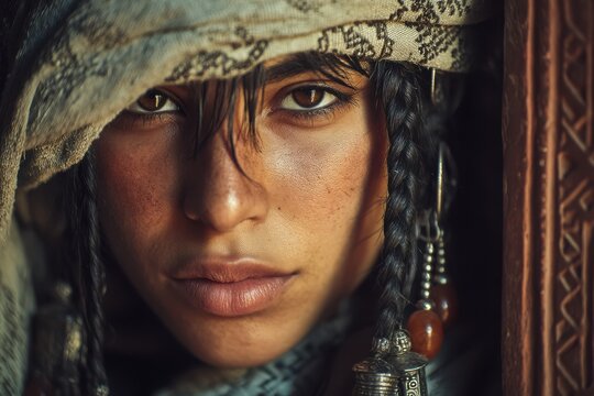 Portrait of a Woman with a Headscarf, Dark Hair, and Jewelry, Warm Tone Photography