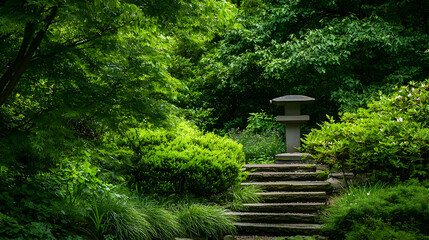 Naklejka premium Peaceful Japanese Garden With Stone Steps And Lantern