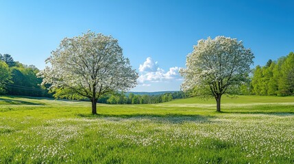 Obraz premium Serene Spring Landscape: Two Flowering Dogwood Trees in a Blossoming Meadow