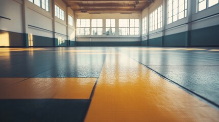 Sunlit expanse, An empty gymnasium floor with bright yellow markings