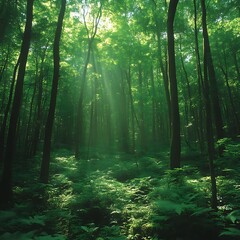 Obraz premium Sunlight streams through lush forest