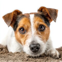 Jack Russell Terrier Puppy Portrait: Close-Up Photo of Dog Digging in Sand, White Background, Cute, Brown Fur, Playful, Pet Photography
