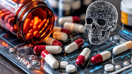 Concept of drug danger or abuse with spilled capsules, medicine bottle, and digital skull on circuit board.