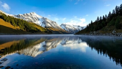 lake reflecting jagged snow-covered peaks with drifting 