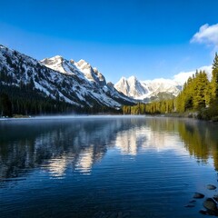 Fototapeta premium lake reflecting jagged snow-covered peaks with drifting 
