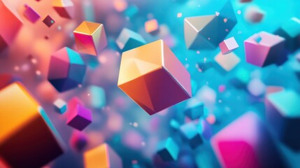 Floating geometric shapes with vibrant color gradients in abstract design