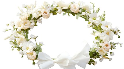 White wreath, decorated with flowers and ribbons, isolated on white background