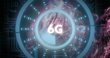 Image of 6g text over clock on glowing moving wave