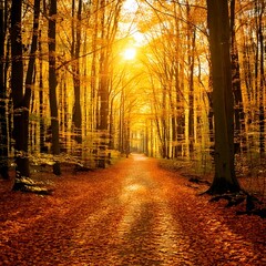 forest path covered in golden leaves, soft sunlight filtering 