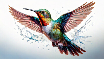 Obraz premium Digital art painting of a vibrant, stylized hummingbird with multicolored feathers is captured mid-flight against a white background