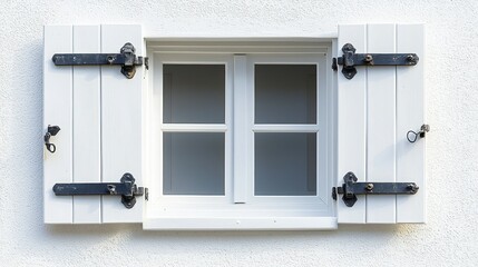 White window with opened shutters on textured wall. Black ornate hinges seen