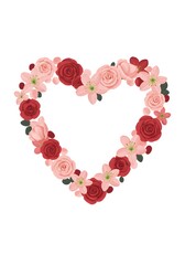 Obraz premium Is a heart shape formed with pink roses, red roses, and small lilies over a white background for a tender design in portrait format?