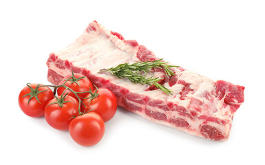 Fresh raw pork ribs, rosemary and tomatoes isolated on white