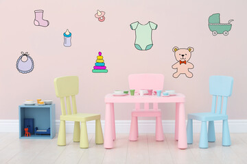 Cozy children's room with colorful furniture and cute wallpaper. Stylish playroom interior