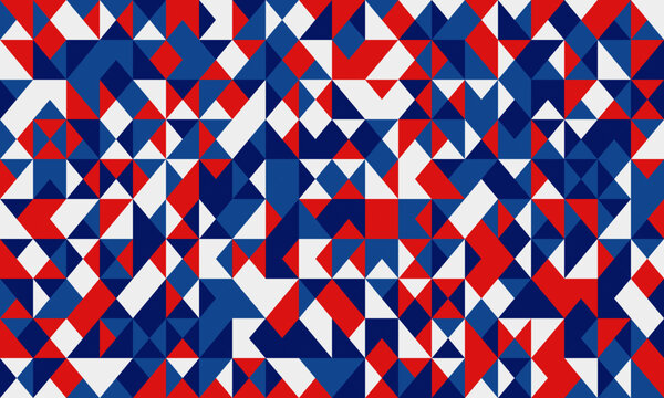 Abstract geometric pattern of red, white, and blue triangles.  Perfect for backgrounds, textiles, or modern design projects.  A vibrant, dynamic visual representing unity and diversity.