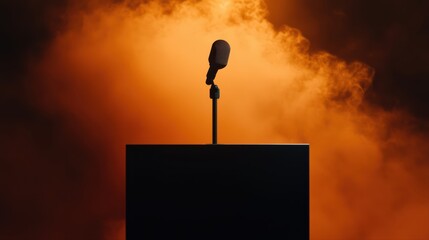 Microphone on stage with dramatic orange background