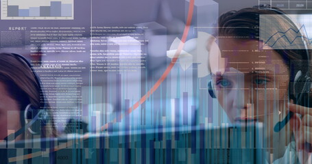 Image of statistics and data processing over business people using phone headsets