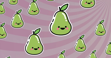 Image of green pear repeated over purple striped background