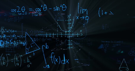 Image of lightning over mathematical equations on blackboard