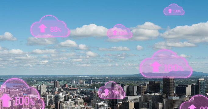 Image of digital clouds with percent going up over cityscape
