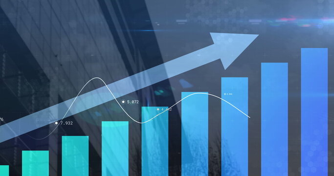 Image of blue arrow with statistics processing over cityscape
