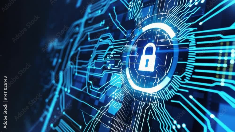 Poster digital security protecting data with padlock technology on circuit networks for cyber protection in