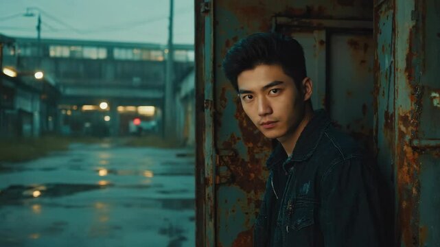 Thoughtful young man in a denim jacket leans against a rusty door on a wet, atmospheric industrial urban street with vintage aesthetic
