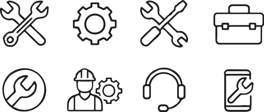 Set of Repairing Service Line Icons – Outline Vector Tools and Equipment Symbols for Mechanic, Engineer, and Technician Work