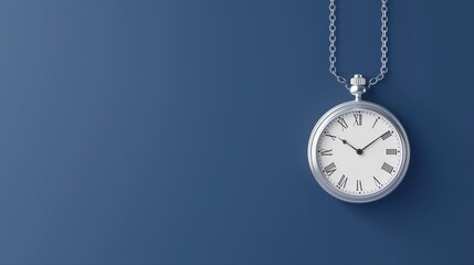 Vintage pocket watch hanging on blue wall background