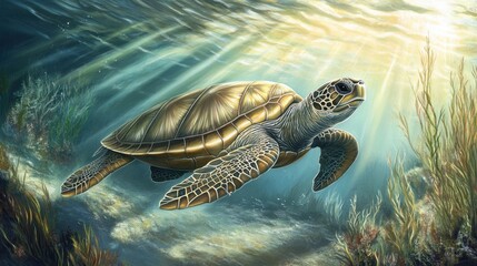 Serene green sea turtle floating over reef edge with marine plants swaying below