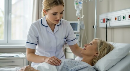 A caring nurse attending to a patient lying in a hospital bed.