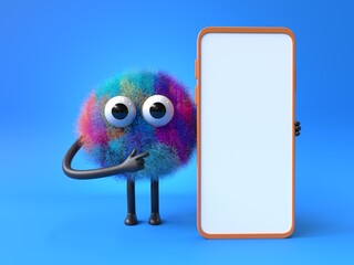 Fluffy, cute monster with a smartphone, symbolizing modern communication. 3D rendering, conceptual image. Isolated on white background.
