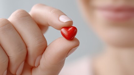 Heart disease prevention blood pressure preventive care concept. A person holds a small red heart-shaped object in their fingers, expressing affection and care.