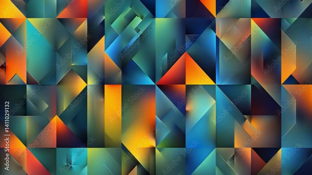 Poster vibrant abstract geometric pattern featuring colorful triangles and rectangles in blue, orange, and 