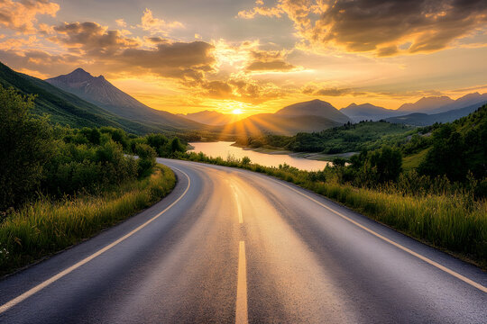 Long empty road leads away towards a dazzling colorful sunset over the open countryside