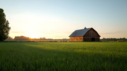 Obraz premium Rustic Wooden Barn Sunrise Over Green Field
