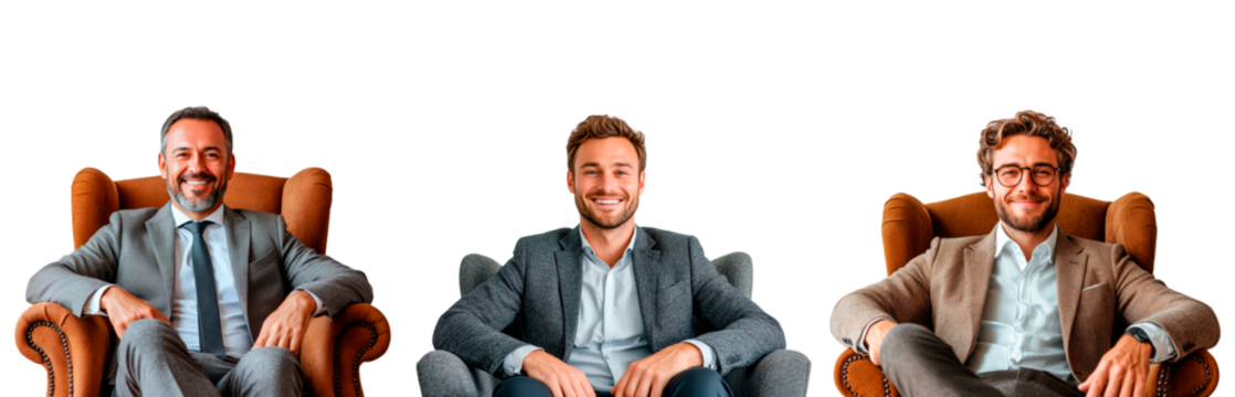 Set of confident young man in a suit sitting in armchair transparent background