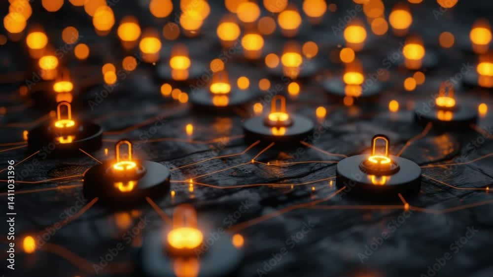 Poster glowing orange lights an abstract network design on dark surface, showcasing technology and connecti