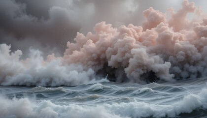 Fototapeta premium Dramatic ocean waves crashing against rocky shore under stormy sky 